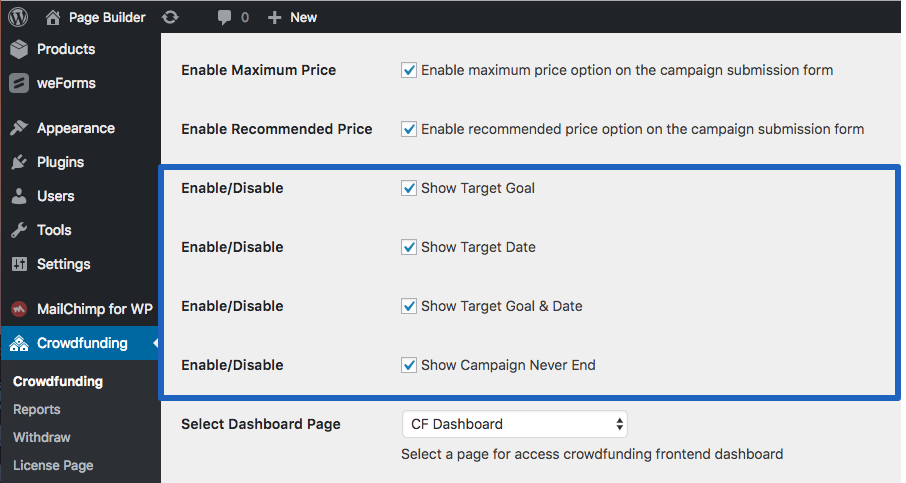 Target Goal Settings for WP Crowdfunding plugin