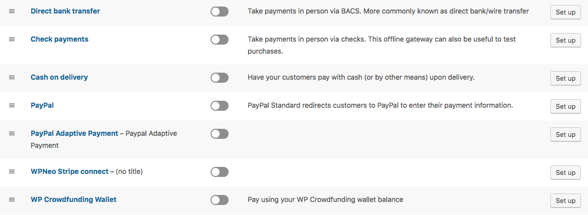 WP Crowdfunding Payment Gateway options