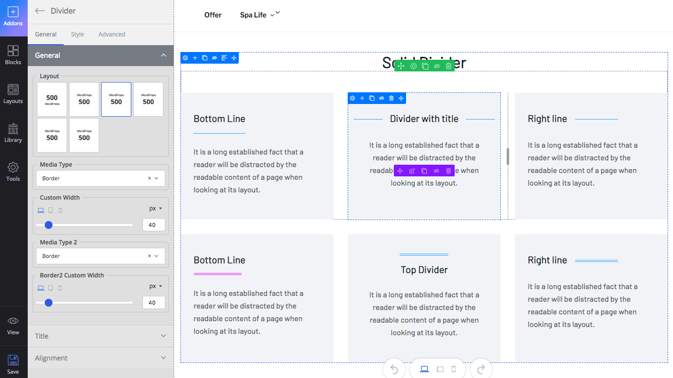 The three settings tab in divider addon in WP Page Builder plugin.