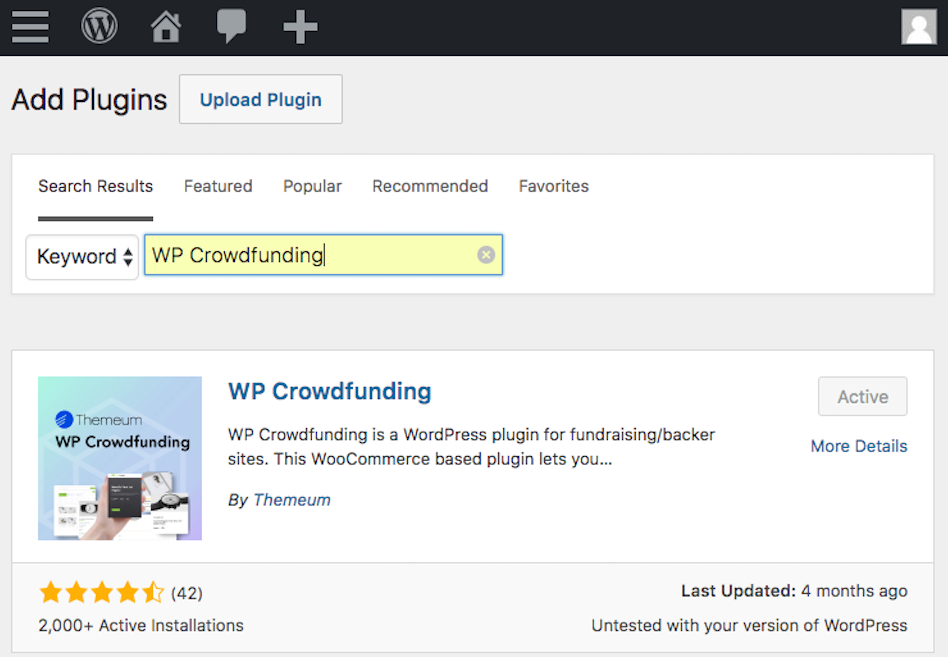 Installing WP Crowdfunding to set funding goals in WordPress