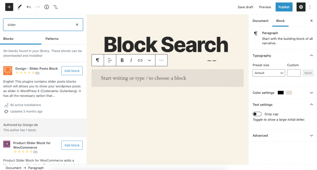 WordPress 5.5 early look block search and install