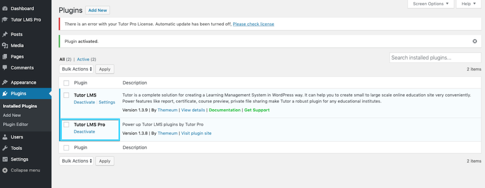 Tutor LMS free and pro in the plugin page