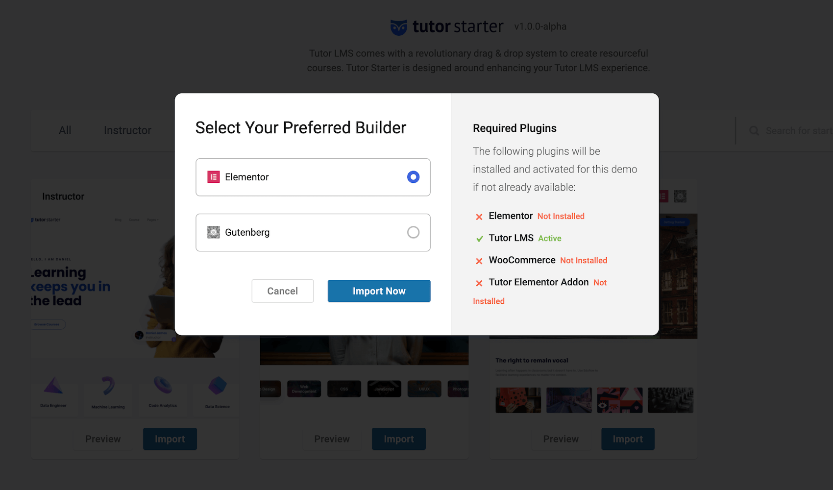 Select Elementor as your preferred builder