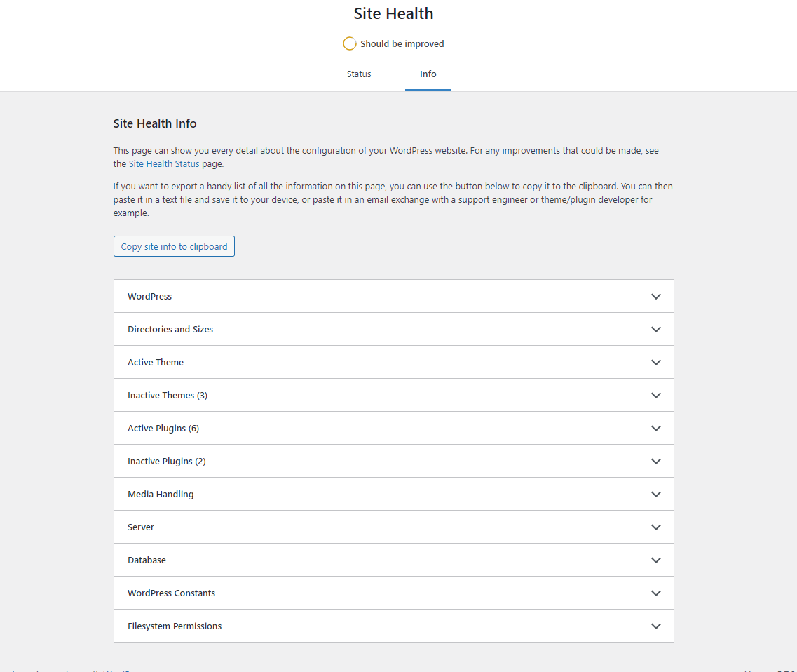 WordPress site health info