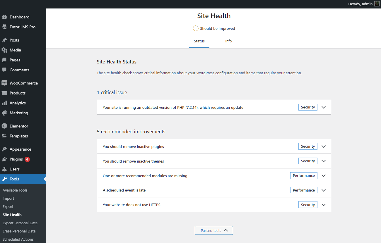 WordPress site health status