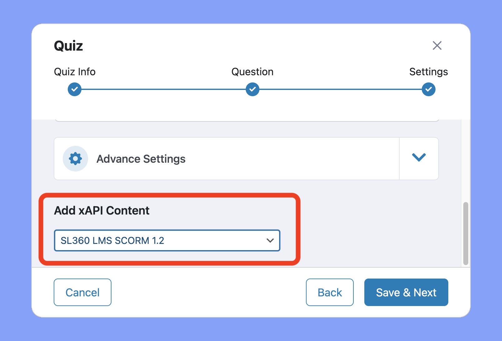 Add xAPI content on Tutor LMS Quiz section