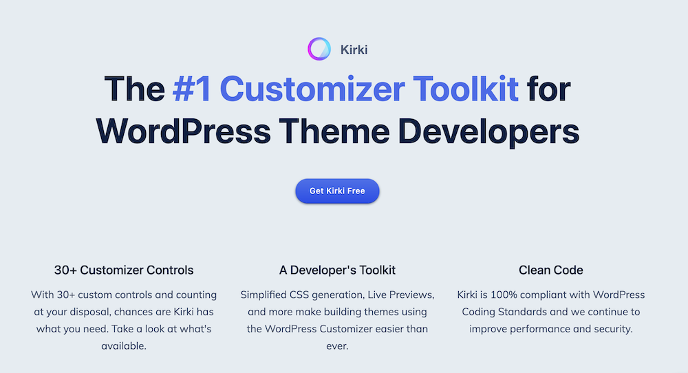 Kirki landing page on Themeum