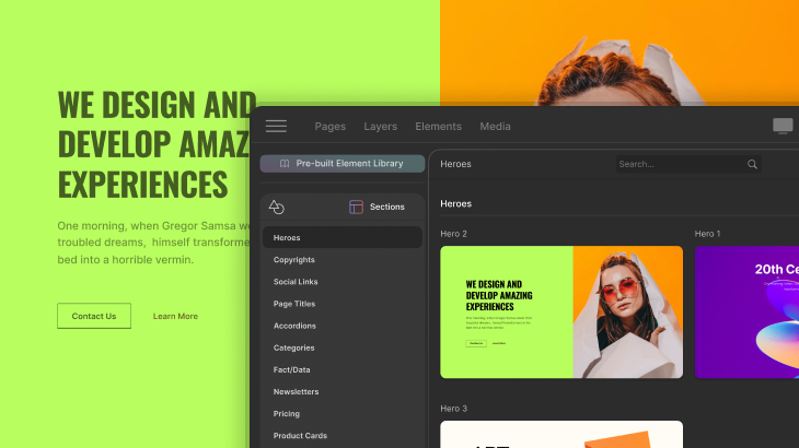 Get a headstart on your website design using the elements and sections in our Pre-built Library
