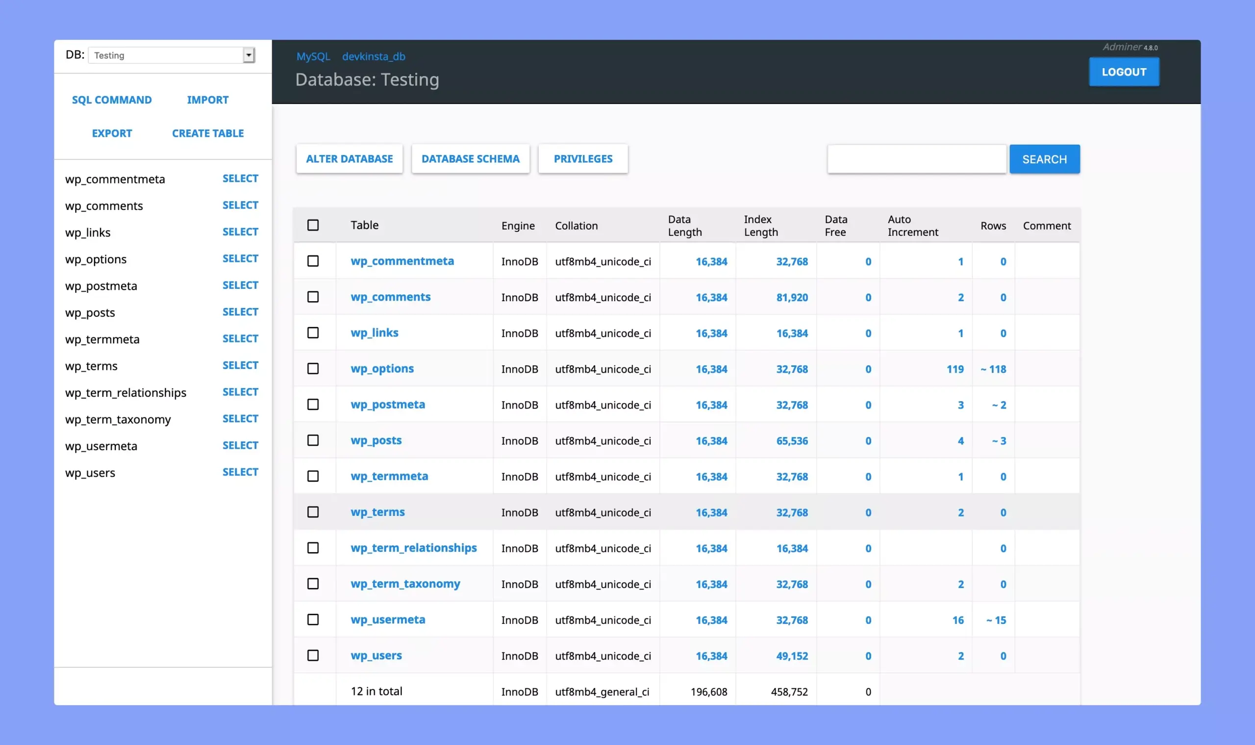 Adminer database of DevKinsta